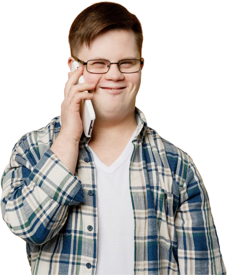 Happy disabled man with down syndrome on phone and smiling